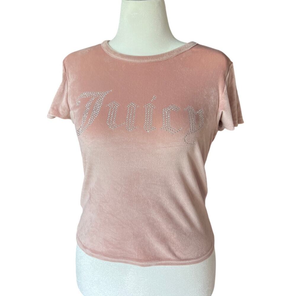 Juicy Couture Rhinestone Velour Pink Top Women's Size M Y2K Mean Girls Stretch
